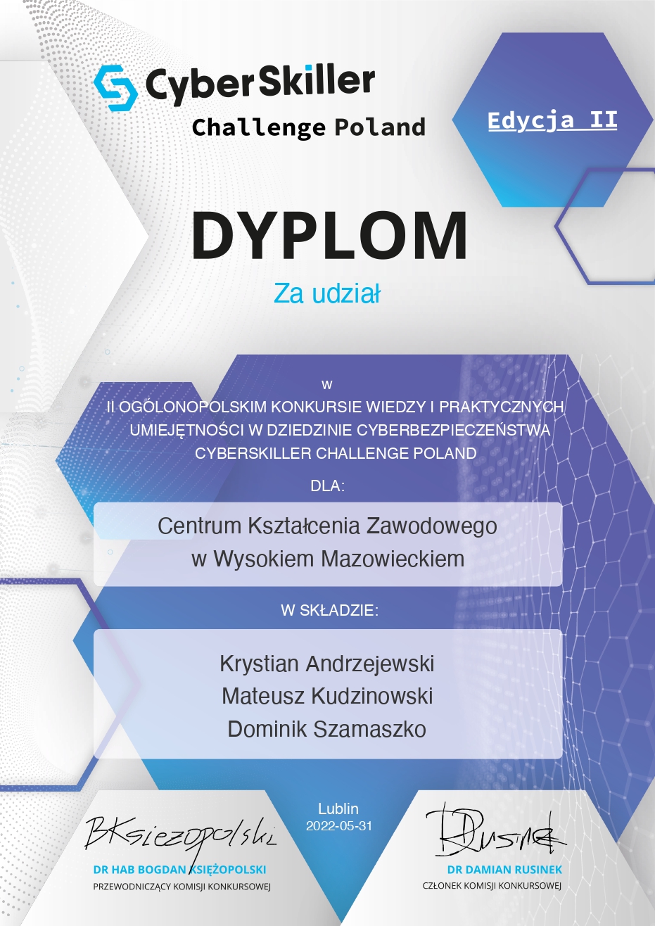 dyplom Centrum Kształcenia Zawodowego w Wysokiem Mazowieckim page 0001